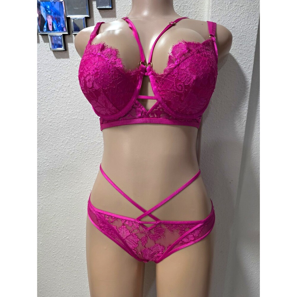 Honey Birdette Pink Floral Lace Semi-Sheer Underwired Bra Set Adjustable 34DD
